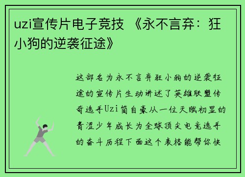 uzi宣传片电子竞技 《永不言弃：狂小狗的逆袭征途》